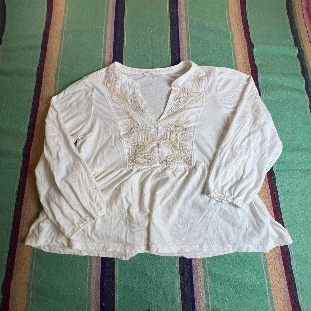 Lucky Brand Peplum Top Women Large White Embroidered Cotton Boho Peasant Blouse
